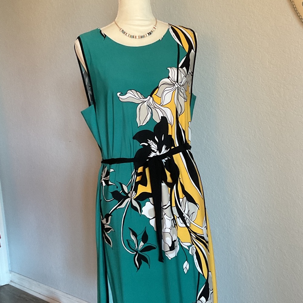 Floral Sleeveless Dress - Teal and Yellow